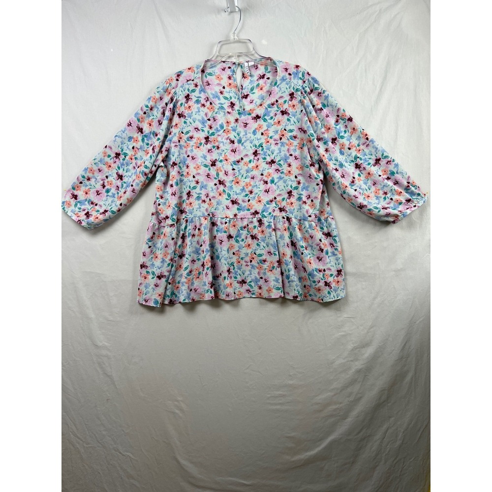 ELLE Peplum Blouse Womens XXL Blue Floral 3/4 Balloon Sleeve Keyhole Crepe Top